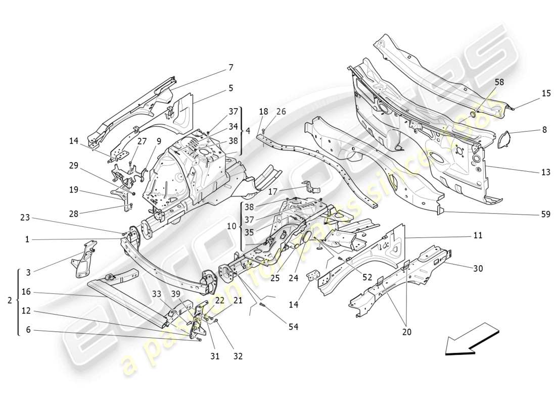 maserati levante (2018) vordere strukturrahmen und bleche teilediagramm
