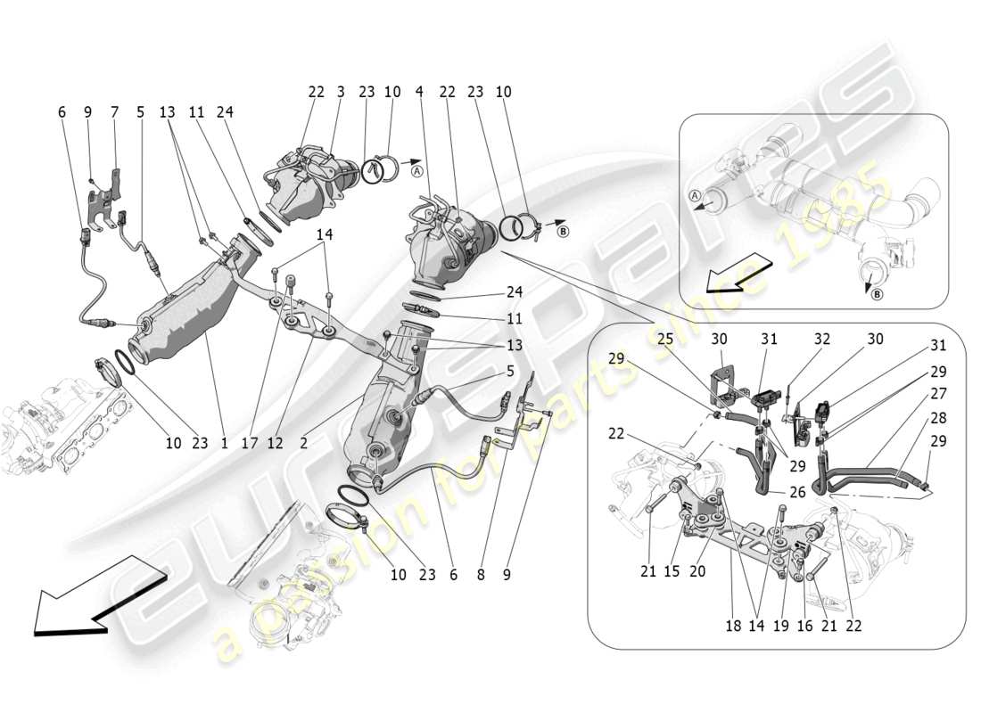 maserati mc20 cielo (2023) vorkatalysatoren und katalysatoren teilediagramm