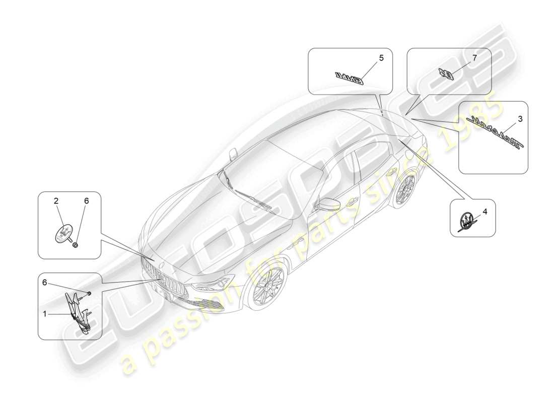 maserati ghibli (2015) verzierungen, marken und symbole teilediagramm