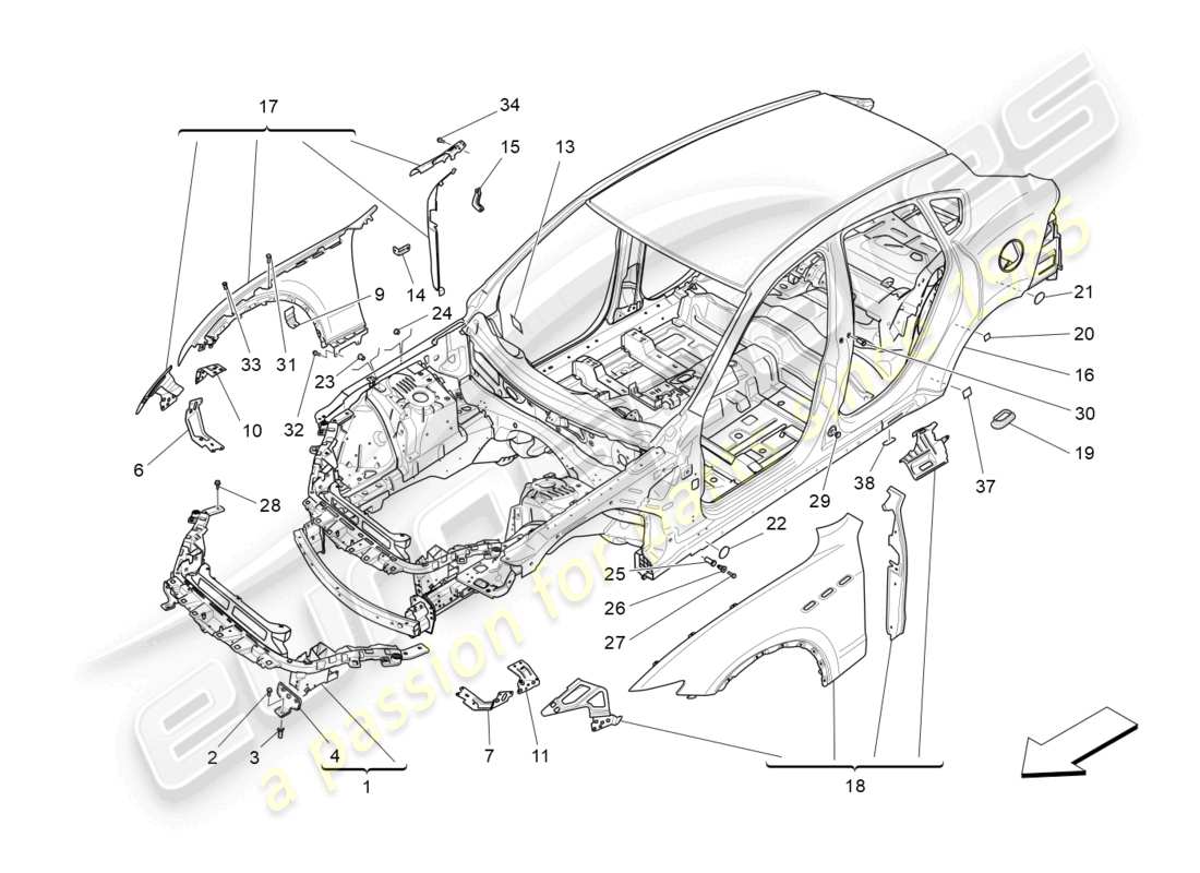 maserati levante trofeo (2020) karosserie und vordere aussenverkleidung teilediagramm