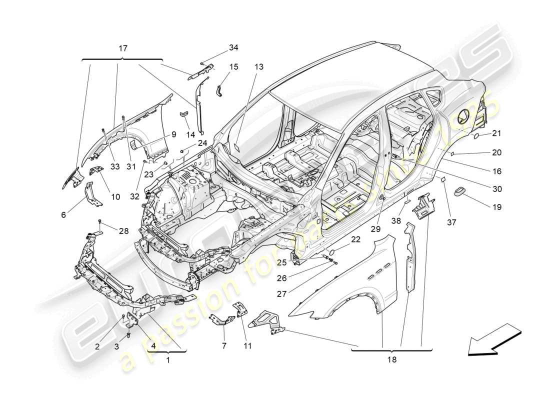 maserati levante (2020) karosserie und vordere aussenverkleidung teilediagramm