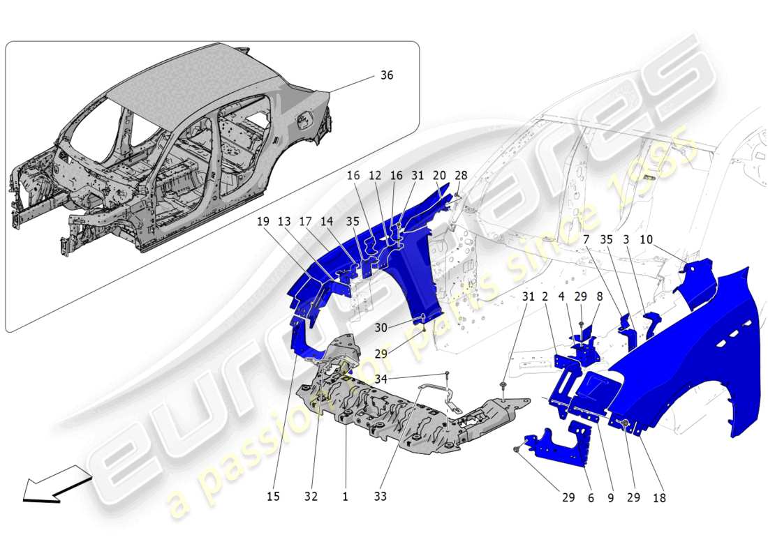 maserati grecale trofeo (2023) karosserie und vordere aussenverkleidung teilediagramm