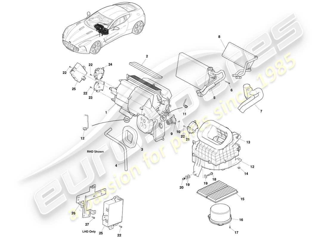 aston martin one-77 (2011) teilediagramm für verdampfer und heizung