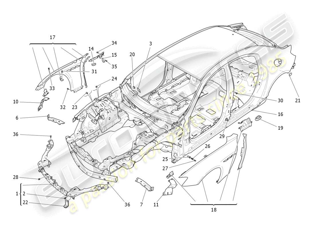 maserati ghibli (2017) karosserie und vordere aussenverkleidung teilediagramm