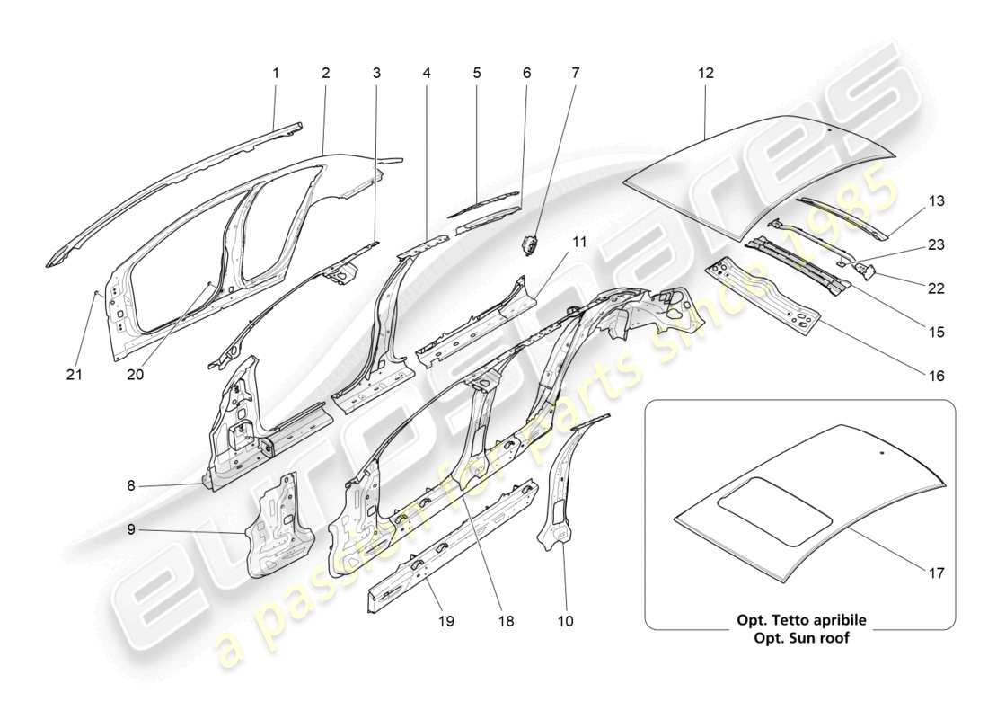 maserati ghibli (2018) karosserie und mittlere aussenverkleidung teilediagramm