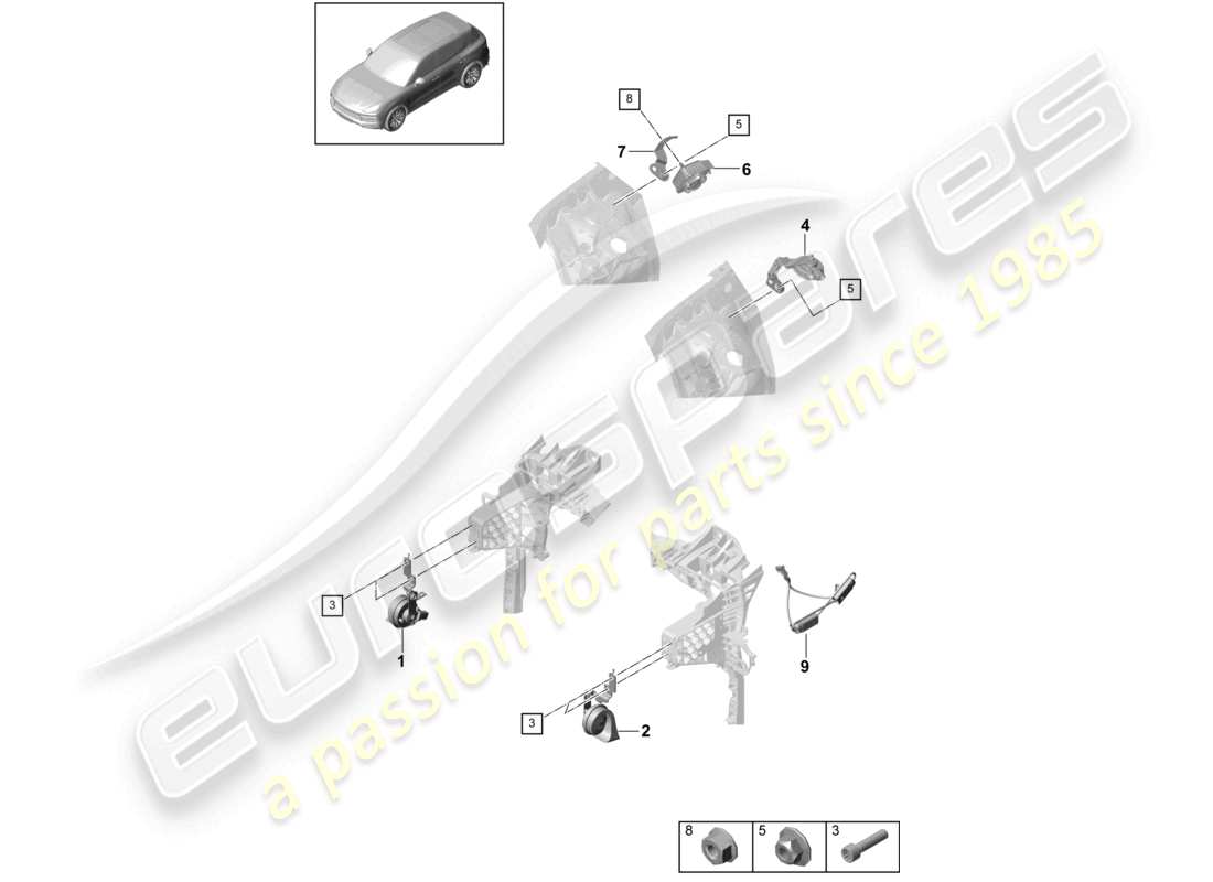 porsche 2021 (cayenne e3 9ya/9yb) fanfare signalhorn alarmhorn teilediagramm