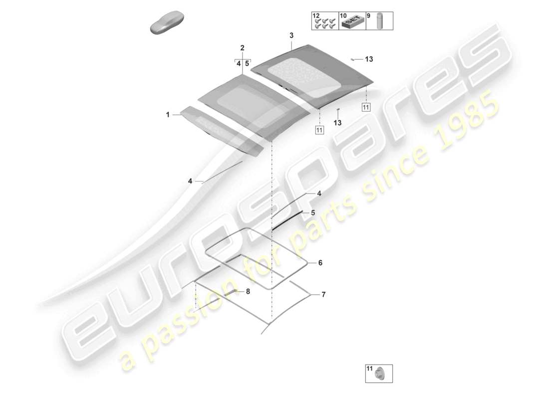 porsche 2021 (panamera 971-2) glasschiebedach zubehör teilediagramm