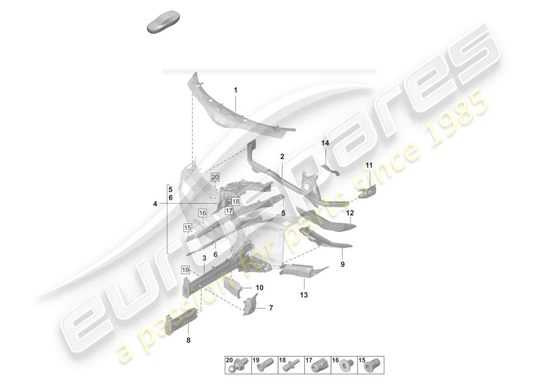 porsche 2020 (taycan 9j1-1) vorderbau längsträger federbeinbefestigung teilediagramm