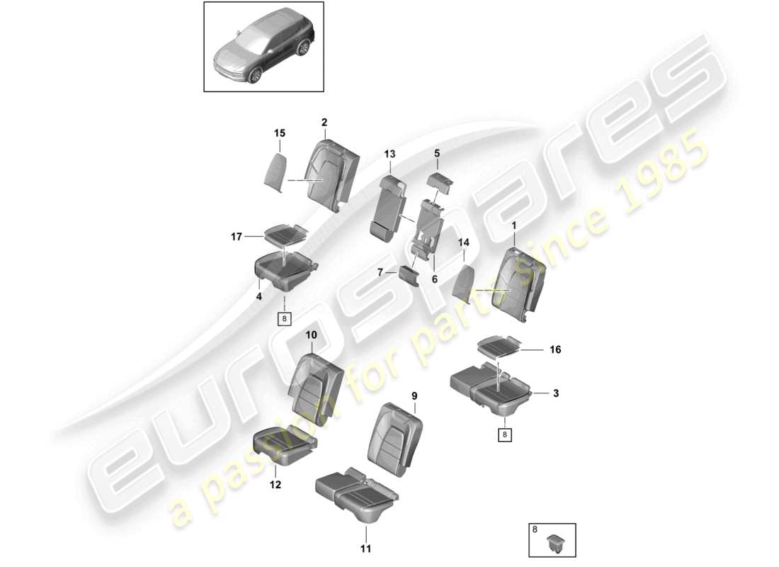 porsche 2023 (cayenne e3 9ya/9yb) sitz hinten standardsitz schaumstoffteil rückenlehnenbezüge sitzbezüge teilediagramm