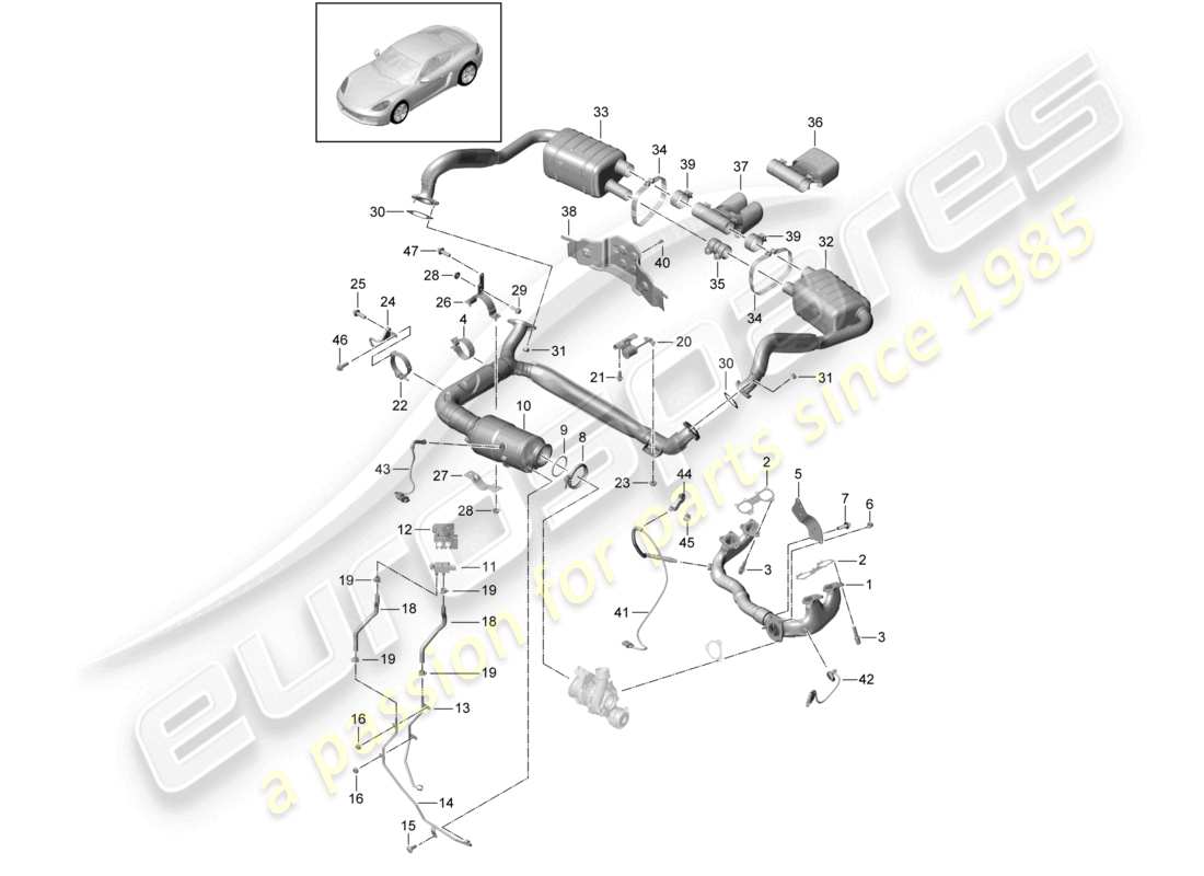 porsche 2023 (718 cayman) abgasanlage schalldämpfer katalysator für fahrzeuge mit ottopartikelfilter ersatzteilzeichnung