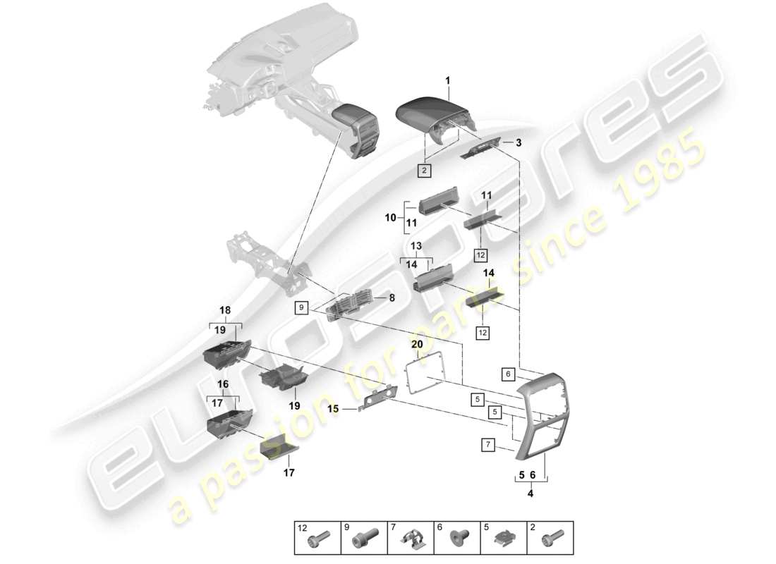 porsche 2022 (cayenne e3 9ya/9yb) teilediagramm der hinteren mittelkonsole