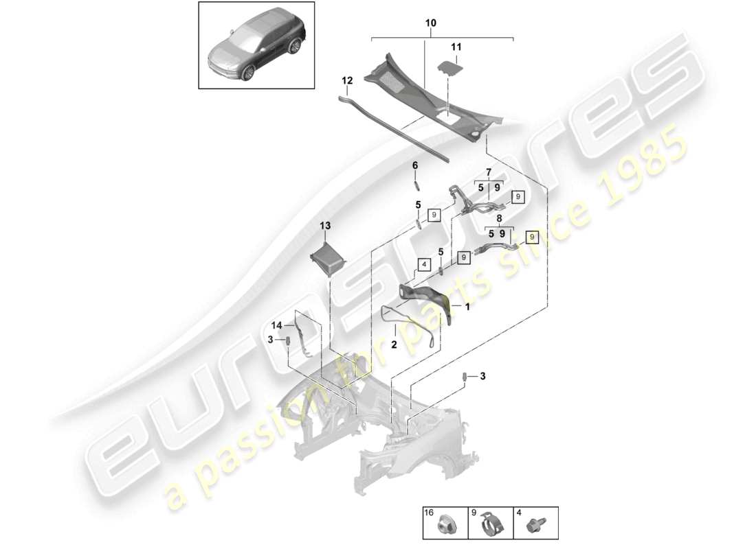 porsche 2022 (cayenne e3 9ya/9yb) heizungswasserkasten-teilediagramm