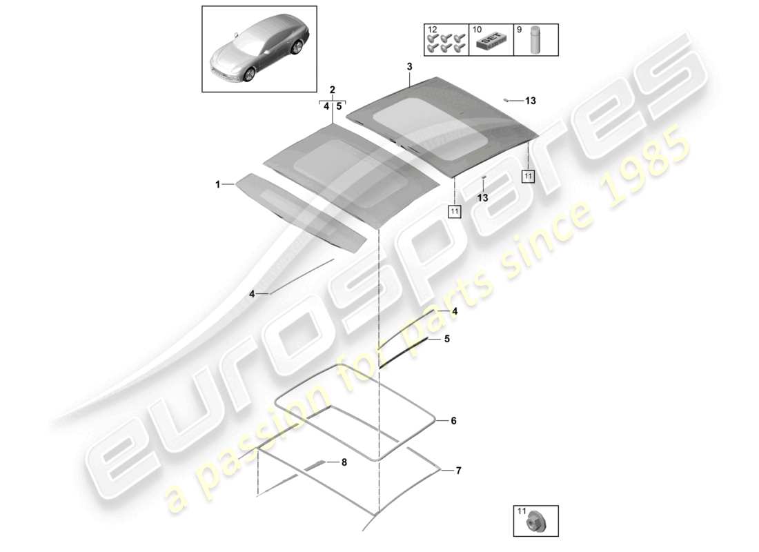 porsche 2021 (panamera 971-1) glasschiebedach zubehör teilediagramm