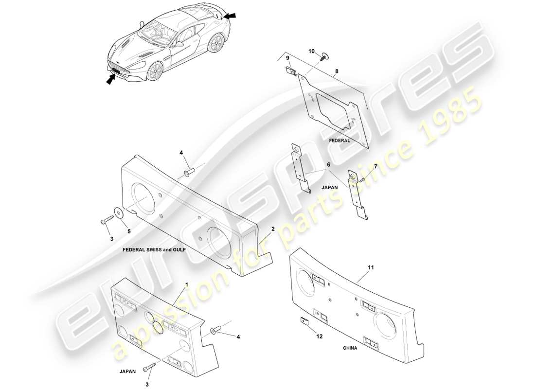 aston martin vanquish (2013) teilediagramm für nummernschildsockel