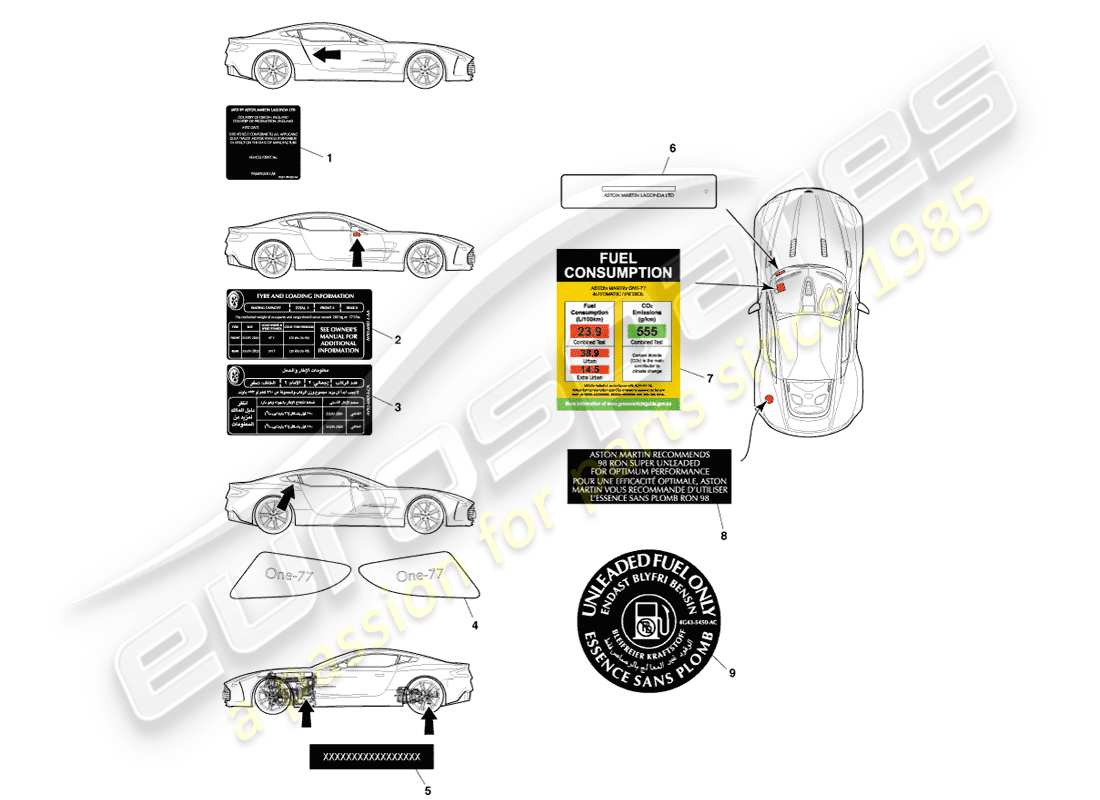 aston martin one-77 (2011) teilediagramm für außenaufkleber