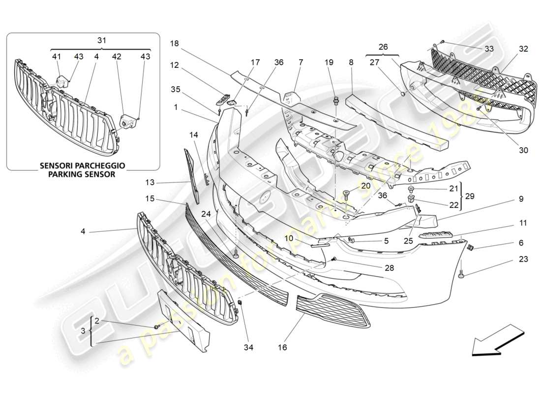 maserati ghibli (2015) frontstoßstange teilediagramm
