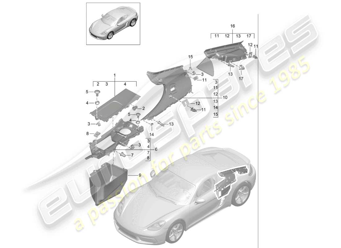 porsche 2021 (718 cayman) zierleisten seitlich hinten motorraum und motorraum-teilediagramm