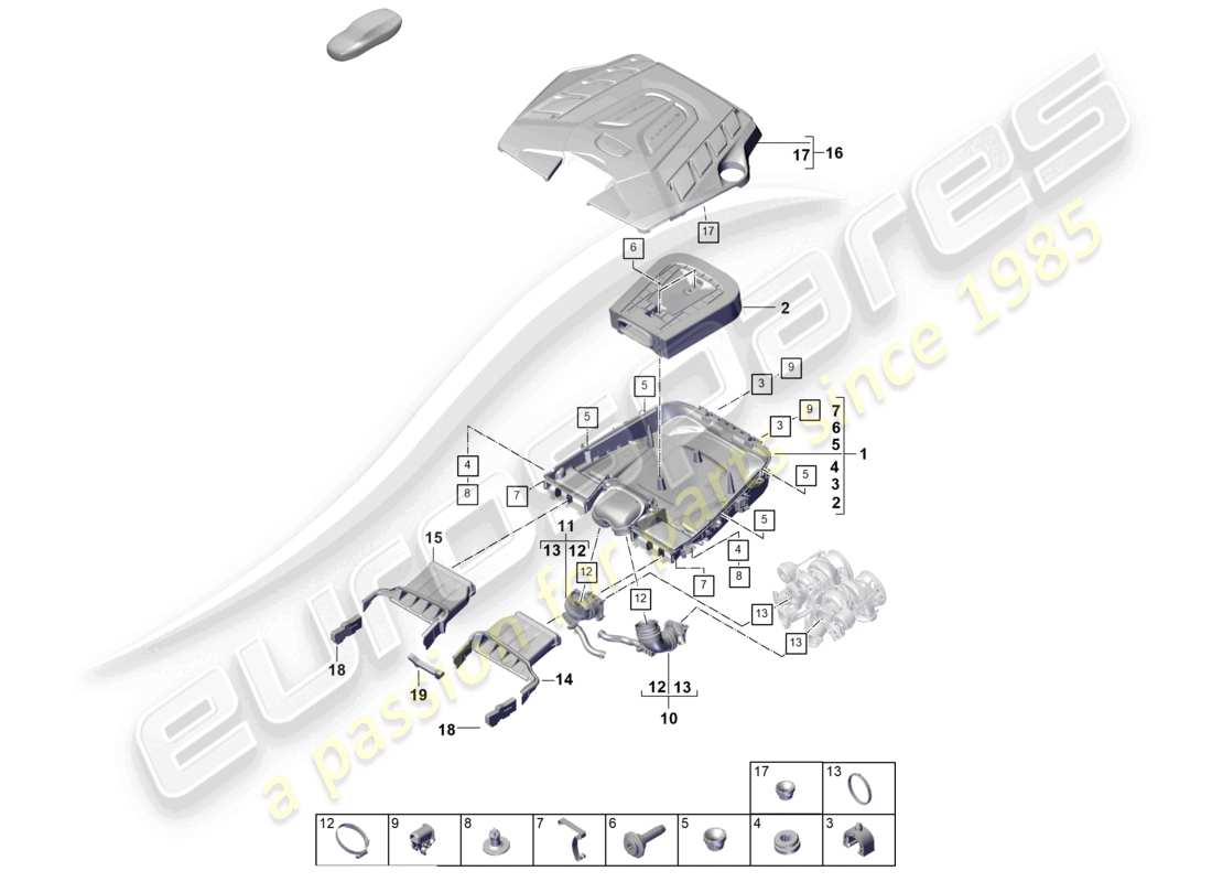 porsche 2025 (cayenne e3 pa) luftfilter mit anschlussteilen motorabdeckung teilediagramm