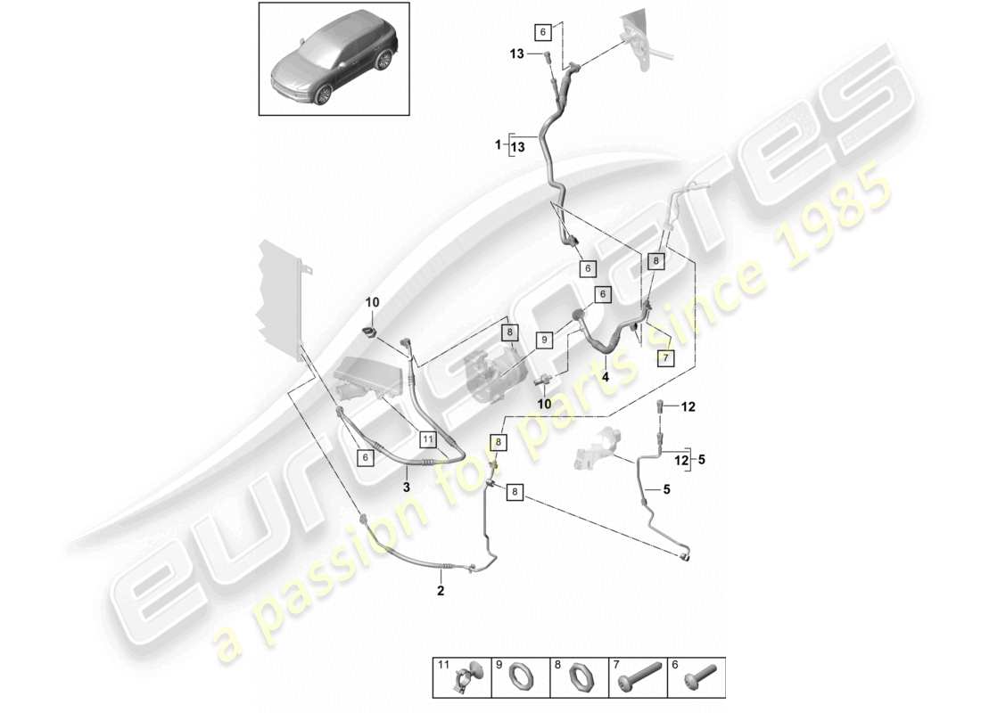porsche 2023 (cayenne e3 9ya/9yb) kältemittelkreislauf v6 r134a für fahrzeuge mit hybridantrieb ersatzteildiagramm