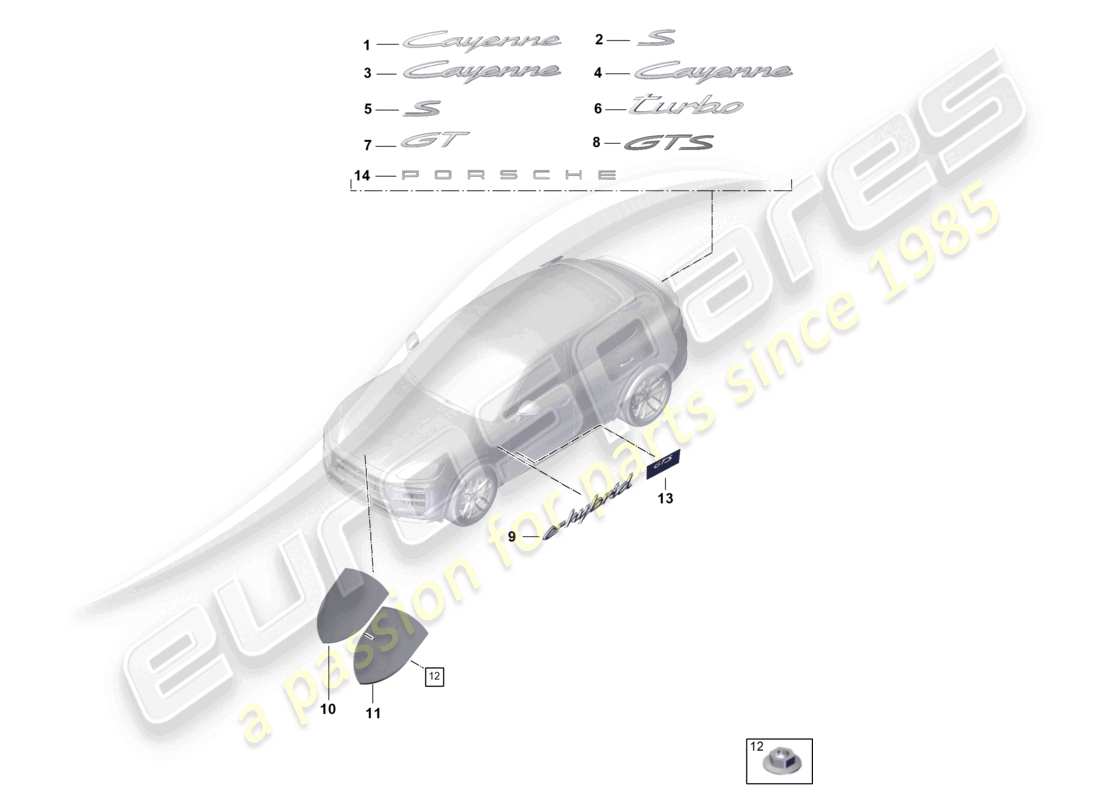 porsche 2026 (cayenne e3 pa) beschriftungen/schriftzüge vorn und hinten porsche wappenseite außen ersatzteilzeichnung