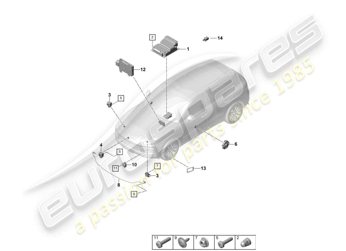 porsche 2021 (cayenne e3 9ya/9yb) steuergerät sensoren airbag drucksensor fußgängerschutz teilediagramm