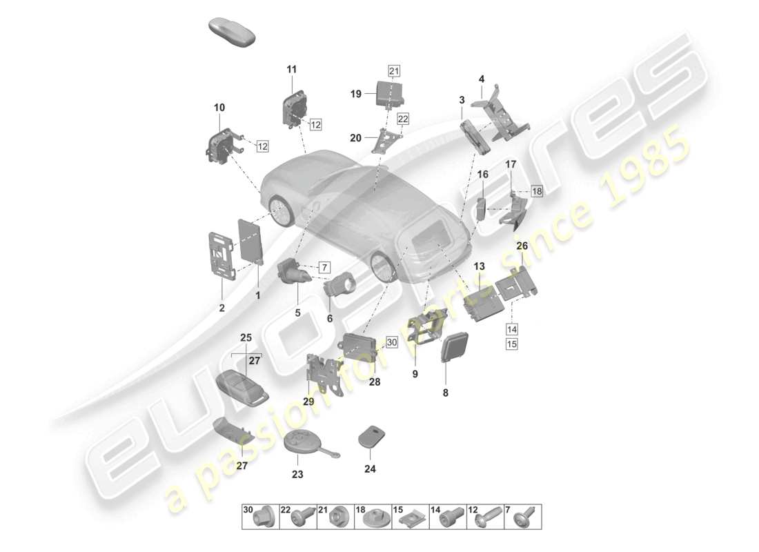 porsche 2024 (panamera 971-2) steuergeräte vorderwagen hinterwagen zünd-/anlassschalter standheizung steuergerät für abstandsregelung für fahrzeuge mit spurwechselassistent spoiler teilediagramm