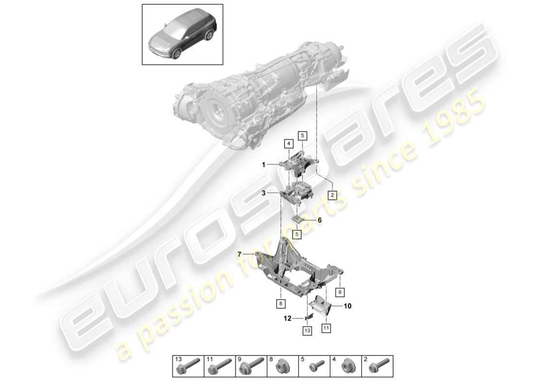 porsche 2021 (cayenne e3 9ya/9yb) getriebelagerung getriebeträger teilediagramm