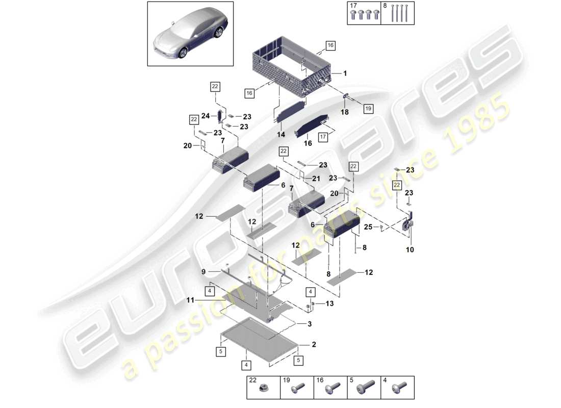 porsche 2023 (cayenne e3 9ya/9yb) hybridbatterie unten einzelteile teilediagramm
