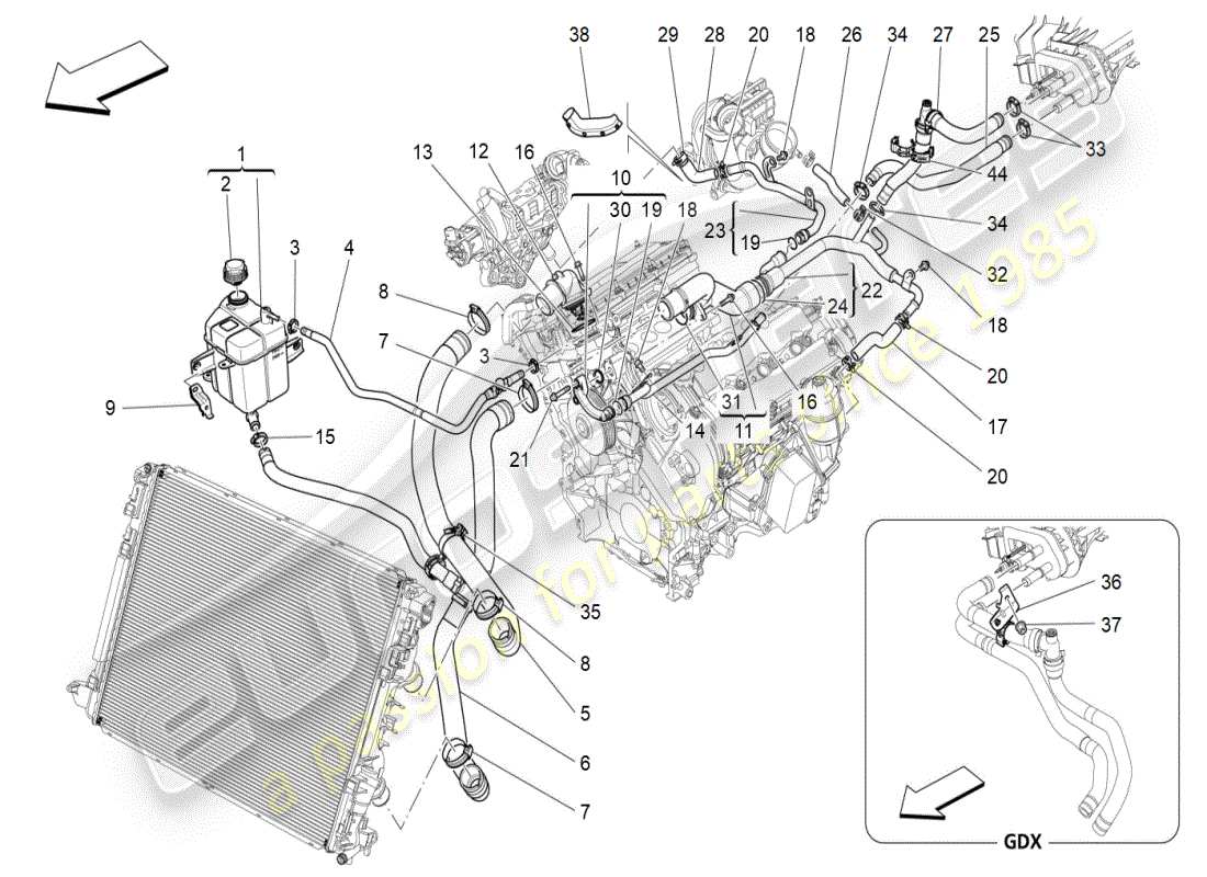 maserati ghibli (2019) kühlsystem: nähre und leitungen ersatzteildiagramm