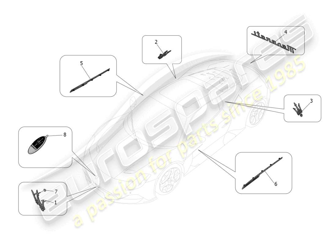 maserati mc20 (2022) verzierungen, marken und symbole teilediagramm