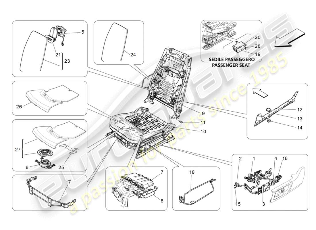 maserati levante trofeo (2020) vordersitze: mechanik und elektronik teilediagramm