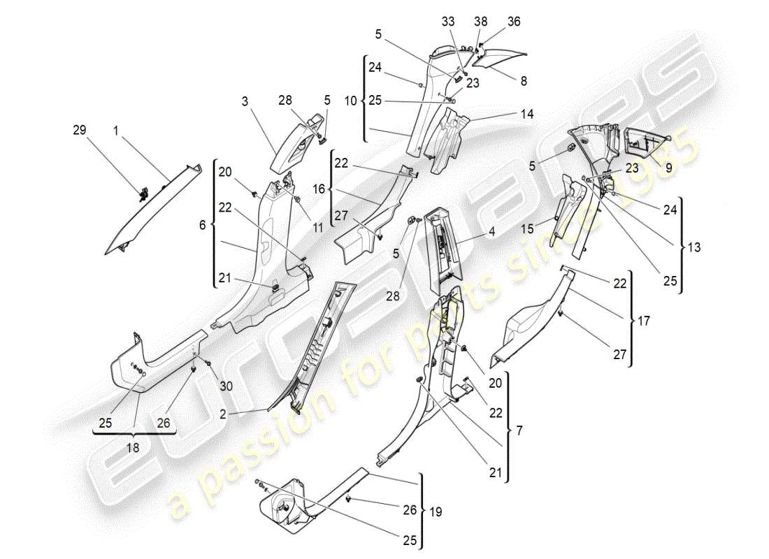 maserati ghibli (2019) fahrgastinnenraum - b-säulenverkleidungen und seitenverkleidungen ersatzteildiagramm