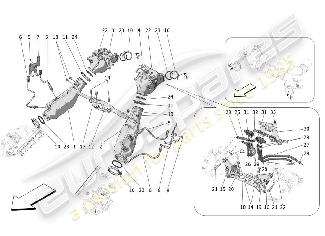 maserati mc20 (2022) vorkatalytische konverter und katalytische konverter teilediagramm