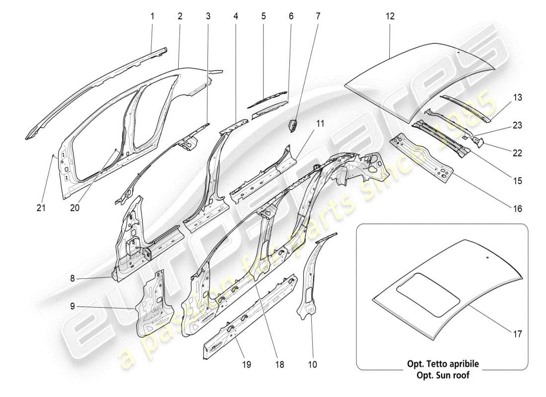 maserati ghibli (2019) karosserie und mittlere aussenverkleidung teilediagramm