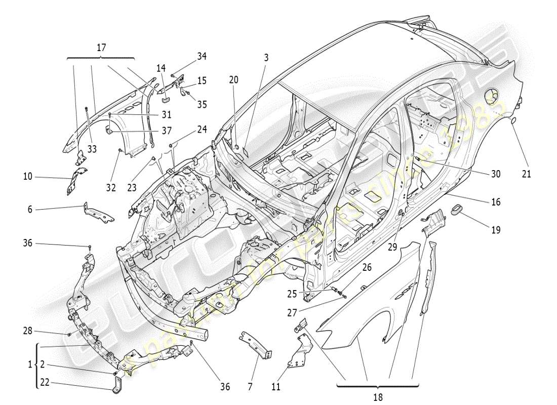 maserati ghibli (2019) karosserie und vordere aussenverkleidung teilediagramm