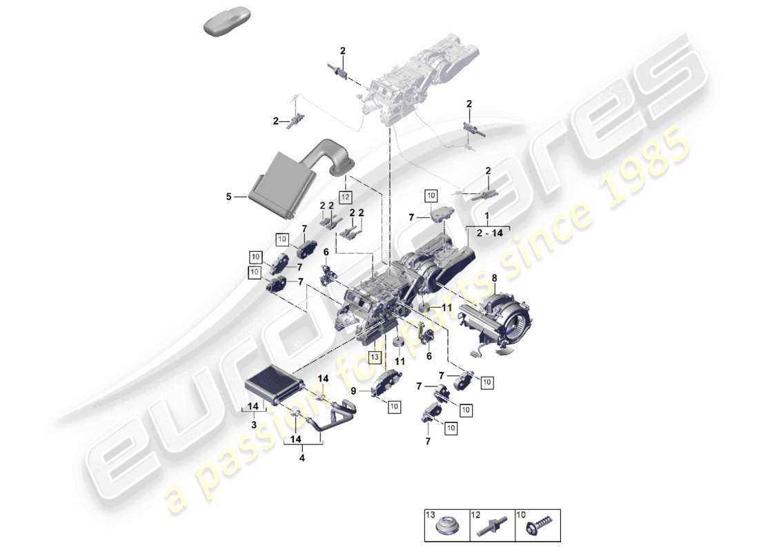 porsche 2025 (cayenne e3 pa) klimaanlage/heizung wärmetauschergehäuse hinten einzelteile für fahrzeuge mit 2nd wärmetauscher ersatzteildiagramm