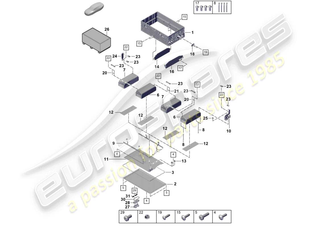 porsche 2025 (cayenne e3 pa) hybridbatterie unten einzelteile teilediagramm
