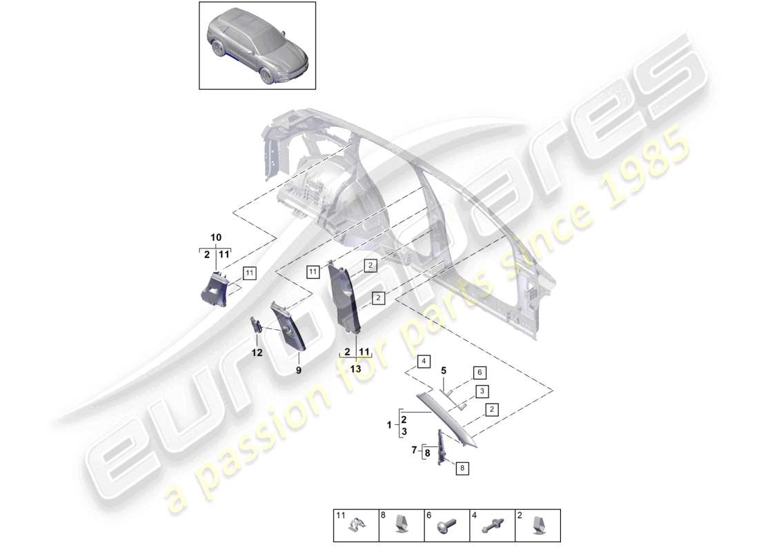 porsche 2024 (cayenne e3 9ya/9yb) verkleidung obere a-säule b-säule c-säule verkleidung und deformationselement teilediagramm