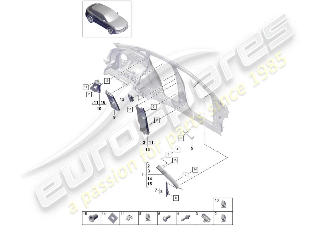 porsche 2022 (cayenne e3 9ya/9yb) säulenverkleidung oben a-säulenverkleidung b-säulenverkleidung c-säulenverkleidung und deformationselement teilediagramm