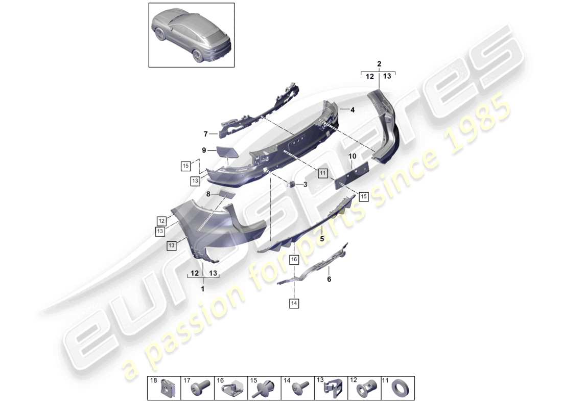 porsche 2022 (cayenne e3 9ya/9yb) stoßstange hinten coupé sport design paket auspuffanlage mitte teilediagramm