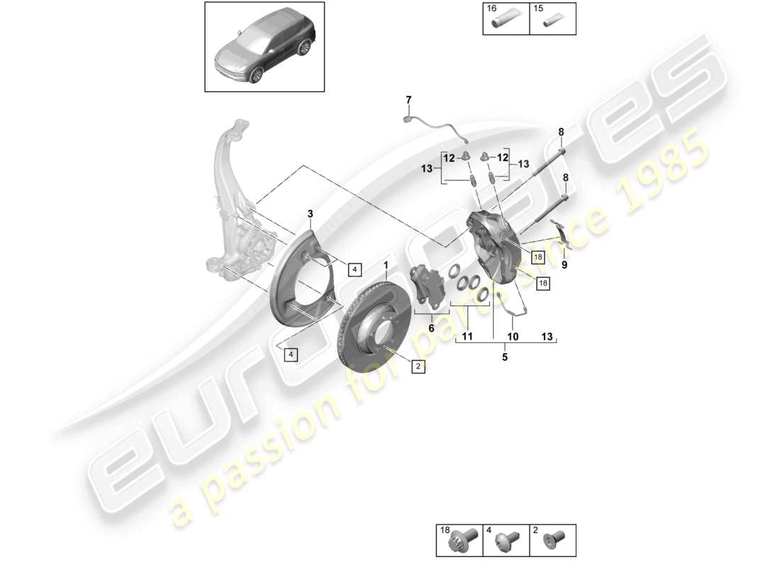 porsche 2024 (cayenne e3 9ya/9yb) scheibenbremse 18 vorderachse schwarz/grün ersatzteilzeichnung