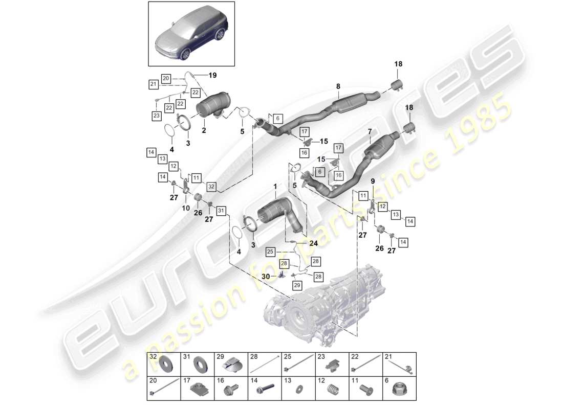 porsche 2022 (cayenne e3 9ya/9yb) abgasanlage katalysator lambdasonde teilediagramm