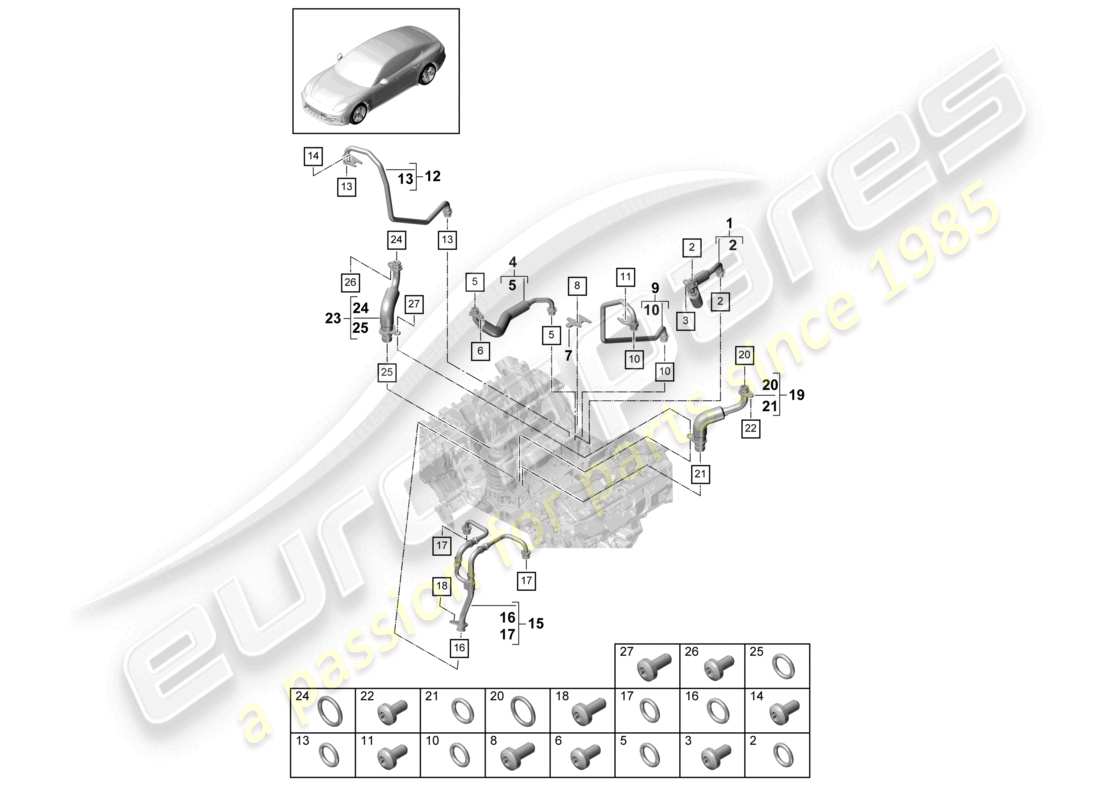 porsche 2021 (panamera 971-1) kühlmittelkühlung für turbolader öldruckleitung für abgasturbolader teilediagramm
