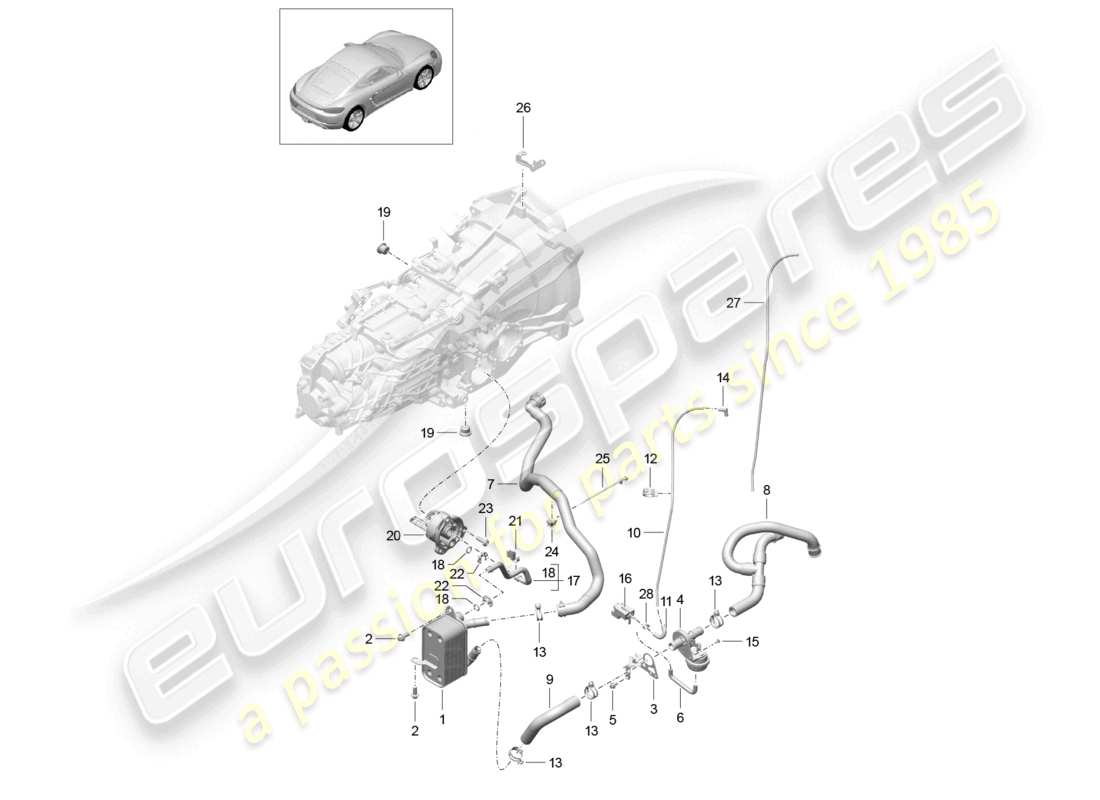 porsche 2026 (718 cayman) ölleitung des wärmetauschers des schaltgetriebes wasserleitung teilediagramm