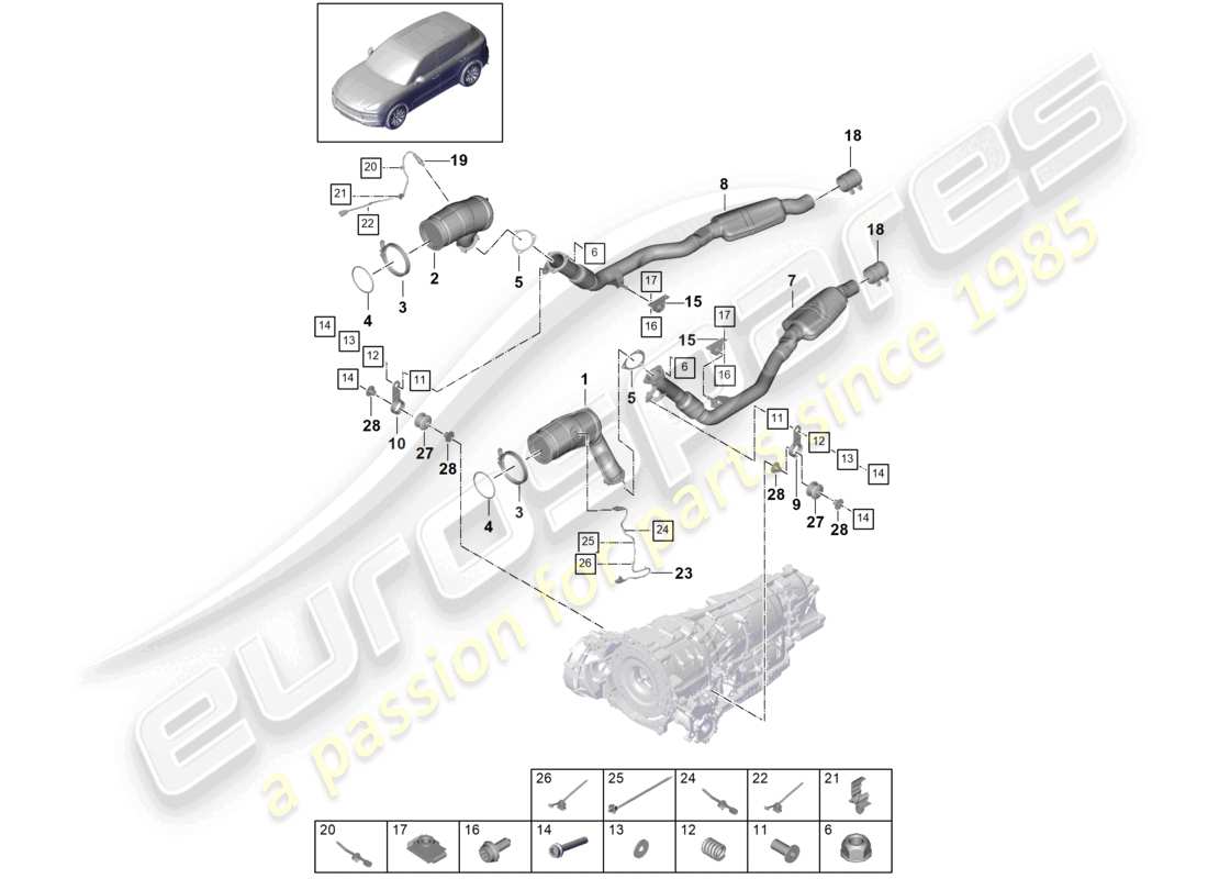 porsche 2024 (cayenne e3 9ya/9yb) abgasanlage katalysator lambdasonde katalysator teilediagramm
