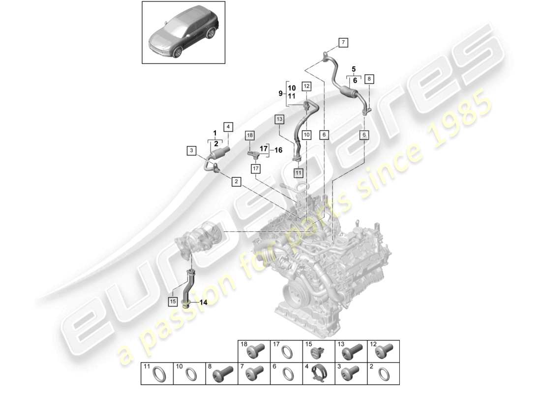 porsche 2022 (cayenne e3 9ya/9yb) kühlmittelkühlung für abgasturbolader teilediagramm