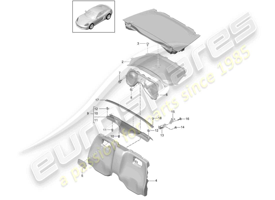 porsche 2023 (718 cayman) verkleidungen motorraum teilediagramm