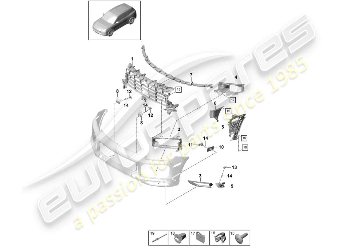 porsche 2022 (cayenne e3 9ya/9yb) stoßfänger vorne einzelteile carbonoptik und befestigungsmaterial sport design paket teilediagramm