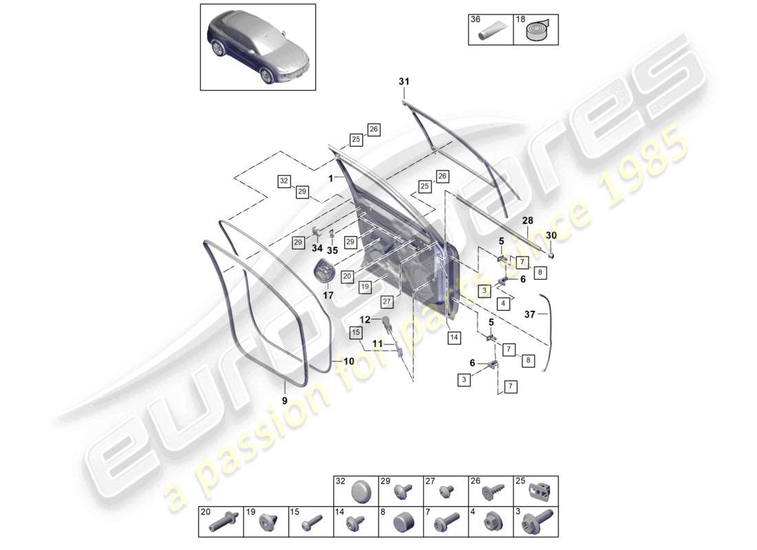 porsche 2024 (cayenne e3 9ya/9yb) türschalendichtungen vorne coupé teilediagramm