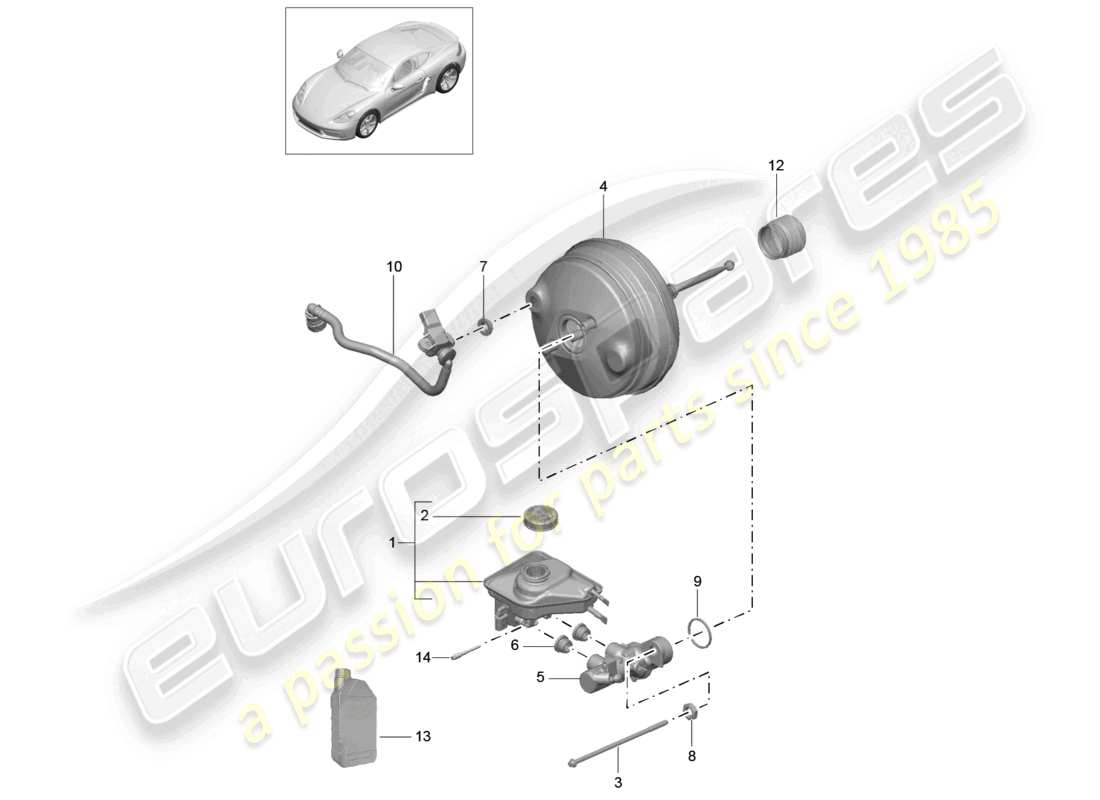 porsche 2023 (718 cayman) hauptbremszylinder, bremskraftverstärker teilediagramm